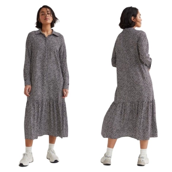 H&M Floral Patterned Long Sleeve Midi Shirt Dress Size Medium - Picture 1 of 12